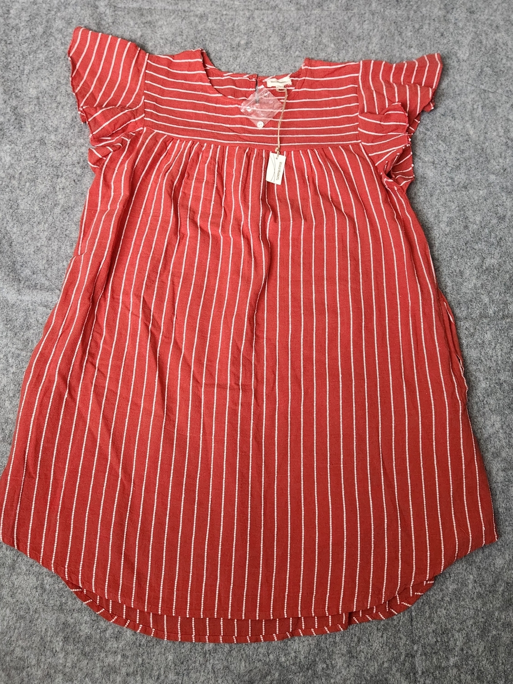 NWT World Market Mini Dress Women's S/M Brick Red Striped Pockets Lined Natural